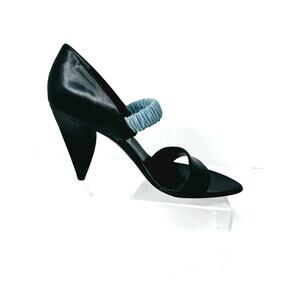 Vintage Prada Black Leather Heels with Blue Ruched Elastic Strap Size 36.5